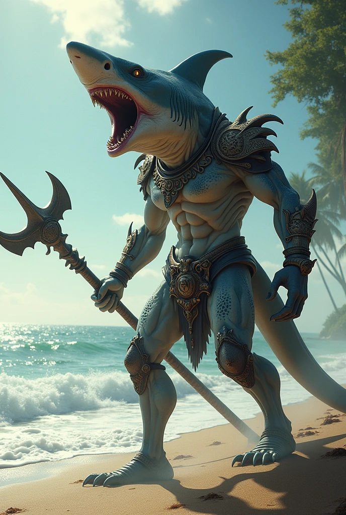 a full body (head to feet) king shark with a hammer, a character portrait inspired by Justin Gerard, wearing bitcoin chain, Artstation, furry art, anthropomorphic shark, shark man, thresher shark human hybrid