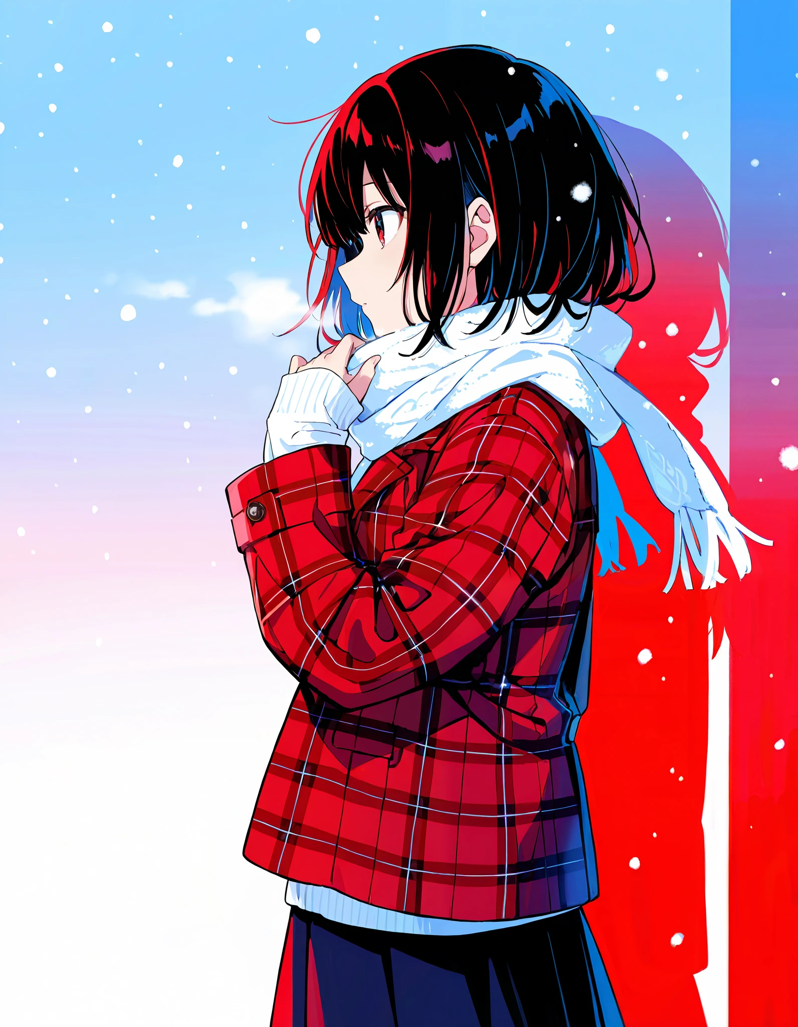 score_9, score_8_up, score_7_up,, solo, colorful, 1girl, jacket, long sleeves, plaid, plaid jacket, profile, scarf, silhouette, sleeves past wrists, snowing, short hair, hand up, red theme, skirt, solo, looking afar, from side, masterpiece, best quality, newest, very awa