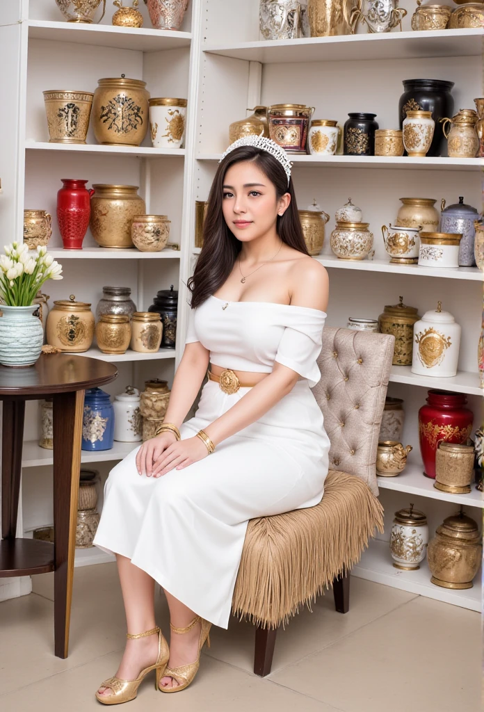 DecorativeLaiSenThai Pattern A 20-year-old Thai woman with neat green hair tied up, a gold headdress, a happy smile on her face, a white tube top, a gold necklace, a white chong kraben, gold bracelets, no shoes, sitting for a photo in a room full of old Benjarong cups and bowls. Decorative and simple background