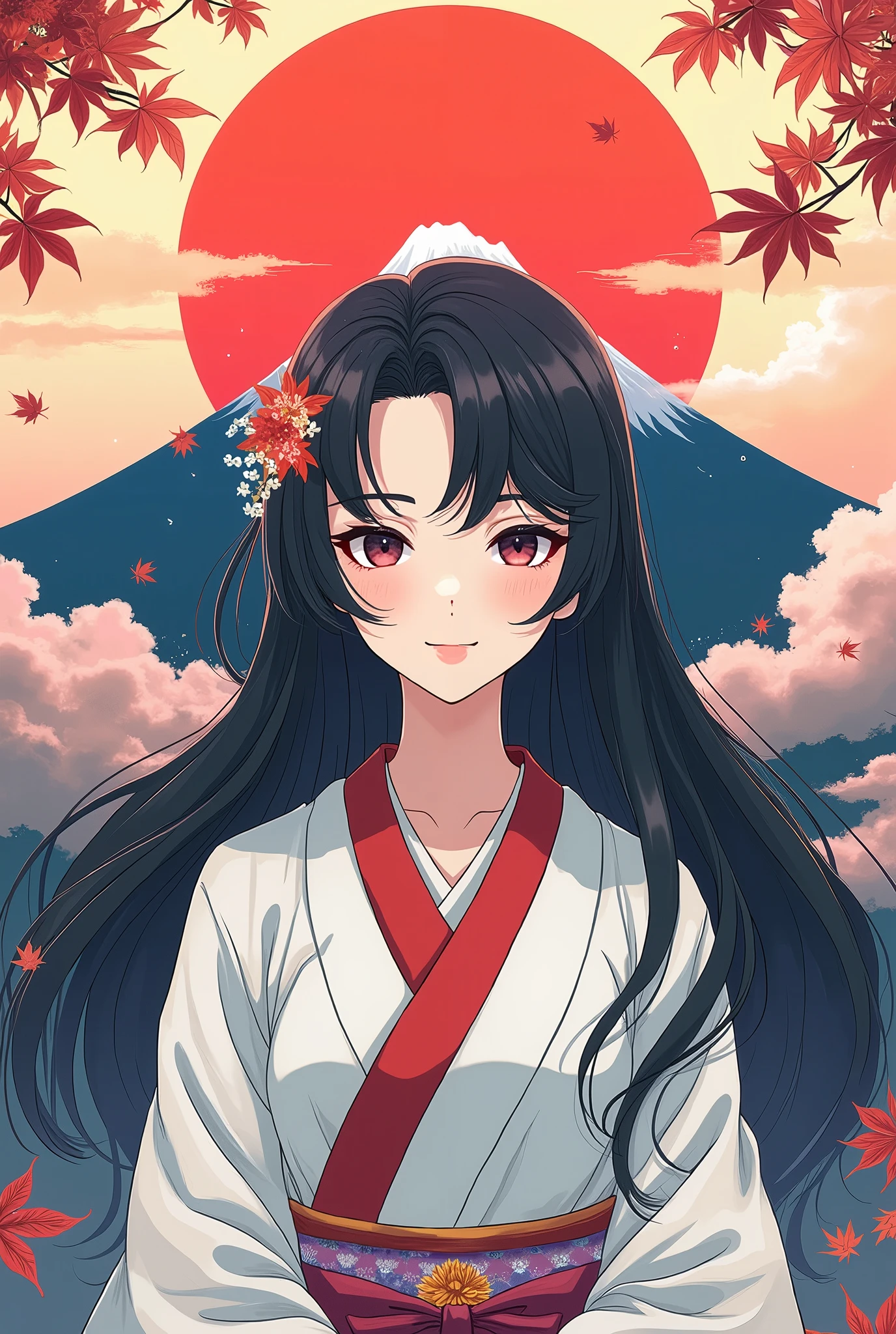 Japanese Mythology, 富士Mountain Goddess, Princess Konohana Sakuya ,  the supreme god of Japanese mountain worship, Mountain Goddess,  Best Anime Beauties, Long black hair, Mid-chest, Mount Fuji dyed in a white kimono and a red collar at sunset, Cartoon Art, Osamu style of Tezuka,  best quality,  high definition , 8k, Anime/Manga, Sunset beauty, The background is Ukiyo-e painting style , Autumn leaves in the corner of the area , colorful clouds,  colorful clouds, 