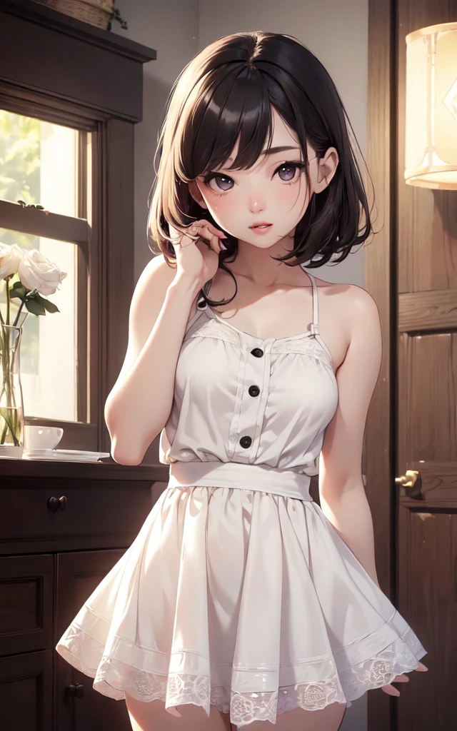 (masterpiece, Highest quality:1.2), One girl, alone,bony body、15 years old、half-up bun、Earrings