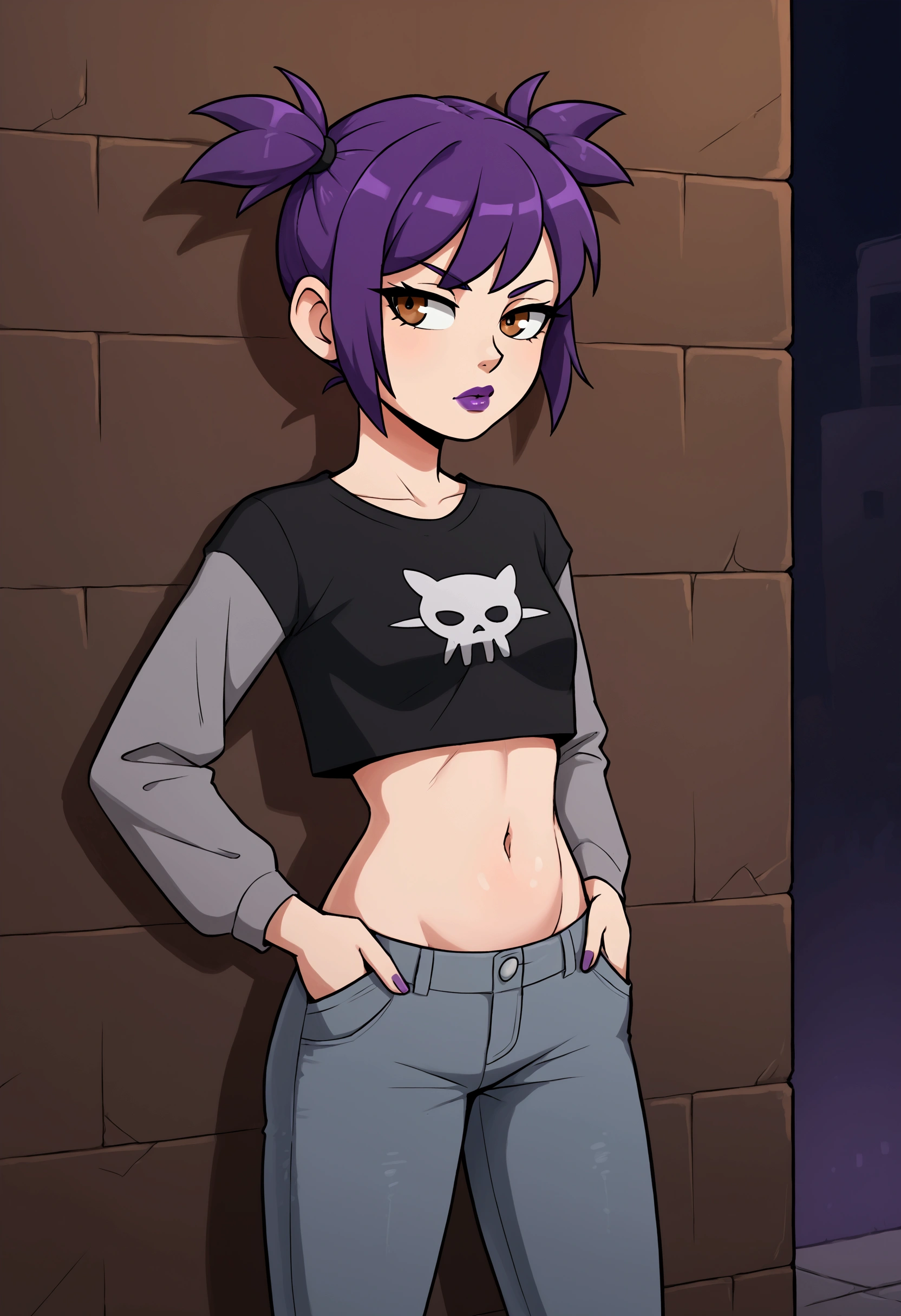 1girl, solo, purple hair, short twintails, gray jeans, taut black t-shirt, long gray sleeves, crop top, midriff, belly, navel, purple lipstick, hands in pockets, against wall, dark alley, nighttime