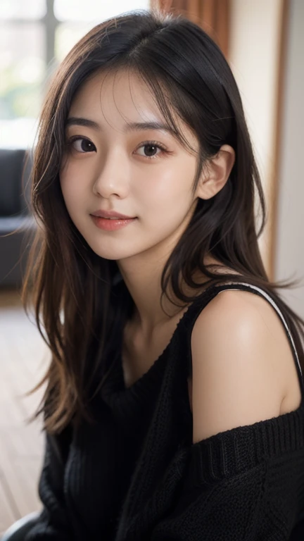 (oversized sweater:1.3), girl, highest quality, masterpiece, ultra high resolution, (realistic:1.4), Raw photo, upper body,(18 year old female),  (An 18-year-old girl, most famous japanese idol, (very beautiful black hair shortcut), Very cute face like the most popular Japanese idol, Round face raccoon face, ((very beautiful big black eyes)), Shy smile, very beautiful lips, very beautiful skin, very beautiful long eyelashes, slender body, boobs),