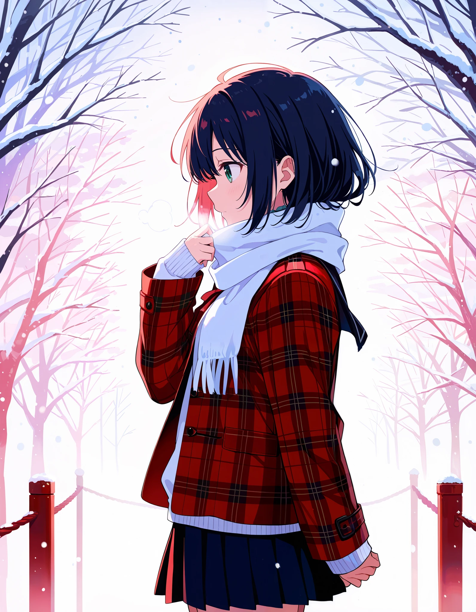 solo, colorful, 1girl, jacket, long sleeves, plaid, plaid jacket, profile, scarf, silhouette, sleeves past wrists, snowing, short hair, hand up, red theme, skirt, solo, looking afar, from side, masterpiece, best quality, newest, very awa