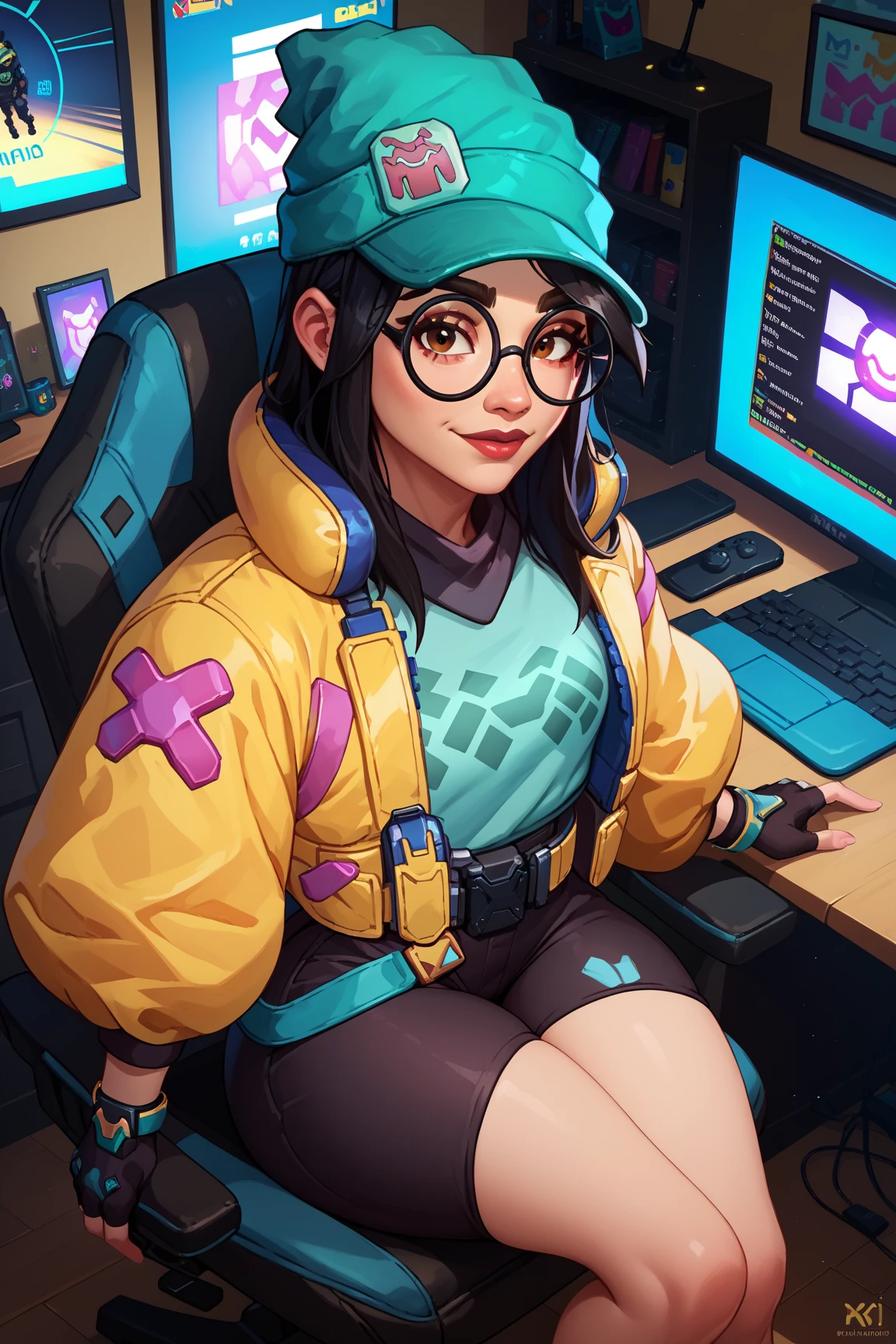  large and cozy neon pink living room with large television screen,  holographic interface , 1 girl, Alone,  Valorant Killjoy,  black hair, brown eyes, green wool hat , round glasses,  yellow jacket, gray shirt,  partially fingerless gloves ,  yellow belt ,  black pants, computers, inside,  computer screens,  above for body ,  looking at you , happy, Gaming chair, inside, black theme,  Big Tits,  thick thighs,  wide hip,  Black background,  science fiction 