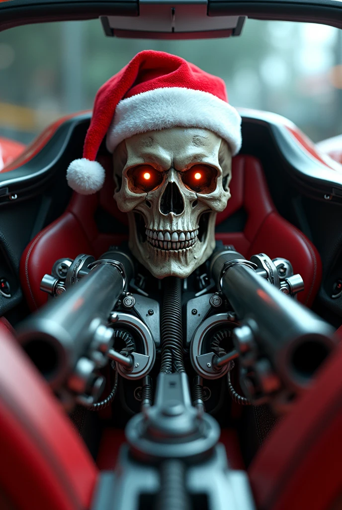 Steampunk cyborg santa, fuzzy santa hat, glowing eyes, intricate details, complex, photoreal, 8k, trending on art station, octane render, cinematic, perfect composition, epoxy_skull