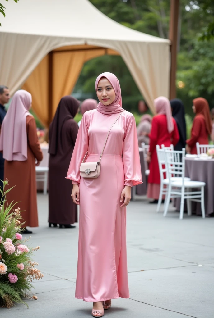 Full outdoor shot of a woman wearing a pink satin dress and hijab. 


The woman is centered in the image and is light-skinned. She is wearing a long, fitted, sheer satin pink dress with long sleeves. The dress appears to be made of a smooth, shiny material. A light-pink hijab is draped over her head. She is wearing pink high-heeled shoes with embellishments. A small, light-pink handbag is slung over her left shoulder.


The setting appears to be an outdoor event, perhaps a wedding or celebration, with a tent structure and tables with white chairs.  Other people are visible in the background, some are wearing traditional-style clothing, also of varying shades of color, including red, brown, dark pink, and muted orange, and a variety of muted colors. 


The ground is a light gray pavement. Parts of trees and greenery are visible in the background. Light beige-colored canopy material or drapes are behind the woman.  There are floral arrangements near the lower left side of the image.