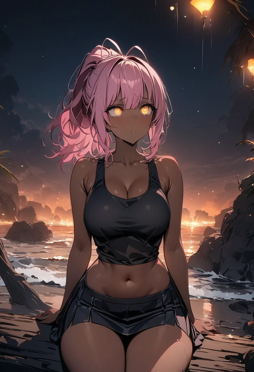 { - anatomy error} , ((Best Quality)), ((masterpiece)), (detailed), score_9,score_8_up,score_7_up,1 woman, pink hair, glowing gold eyes, ponytail, dark skin, sitting on a log, looking up, sad look, clothing: a black tanktop, black mini skirt, navel, sandals, the background is a night beach with the dark sky and stars