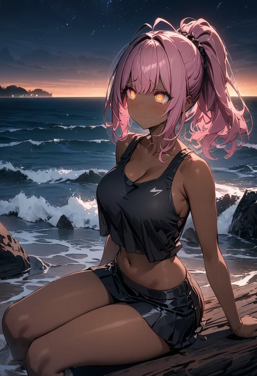 { - anatomy error} , ((Best Quality)), ((masterpiece)), (detailed), score_9,score_8_up,score_7_up,1 woman, pink hair, glowing gold eyes, ponytail, dark skin, sitting on a log, looking up, sad look, clothing: a black tanktop, black mini skirt, navel, sandals, the background is a night beach with the dark sky and stars