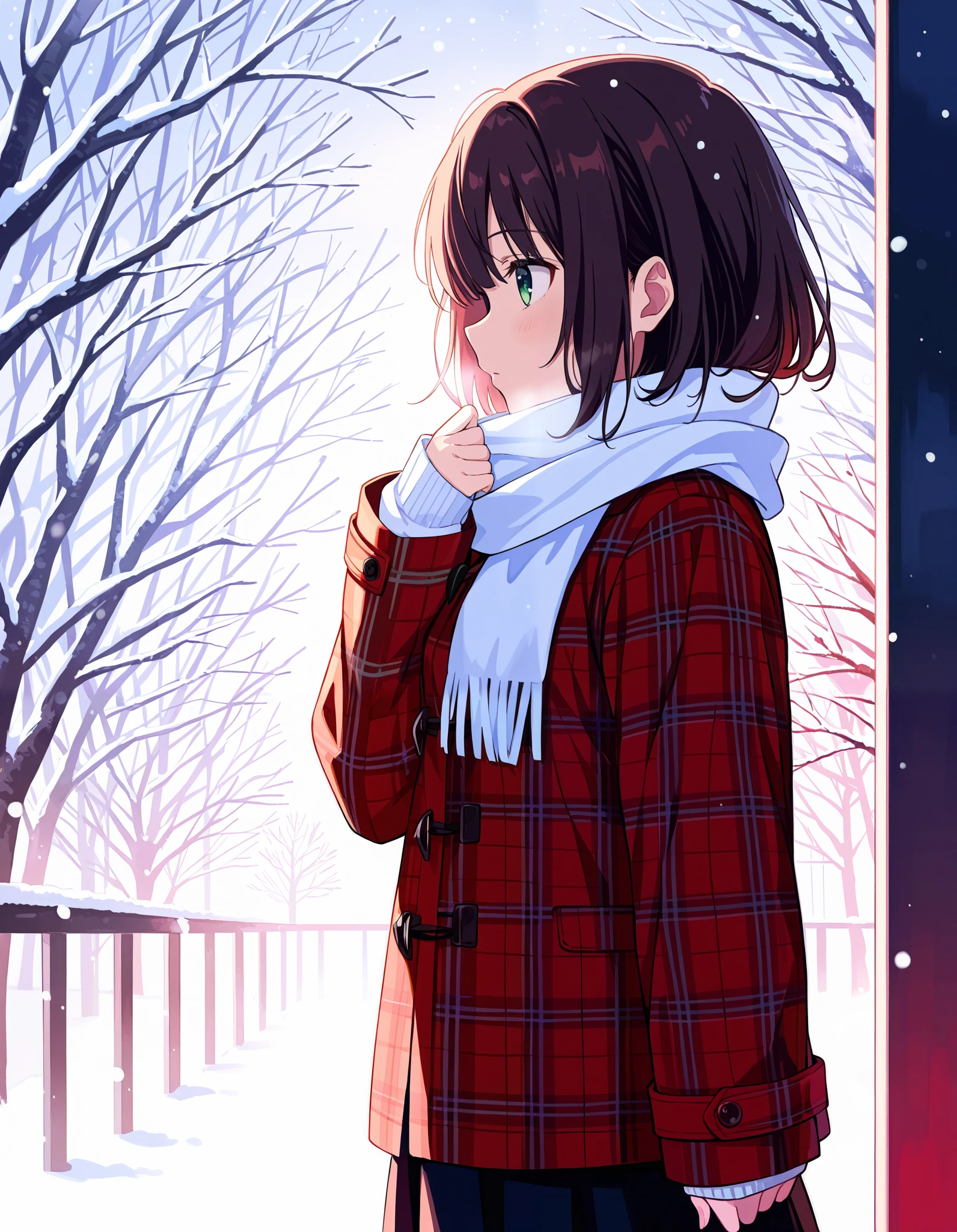 solo, colorful, 1girl, jacket, long sleeves, plaid, plaid jacket, profile, scarf, silhouette, sleeves past wrists, snowing, short hair, hand up, red theme, skirt, solo, looking afar, from side, masterpiece, best quality, newest, very awa