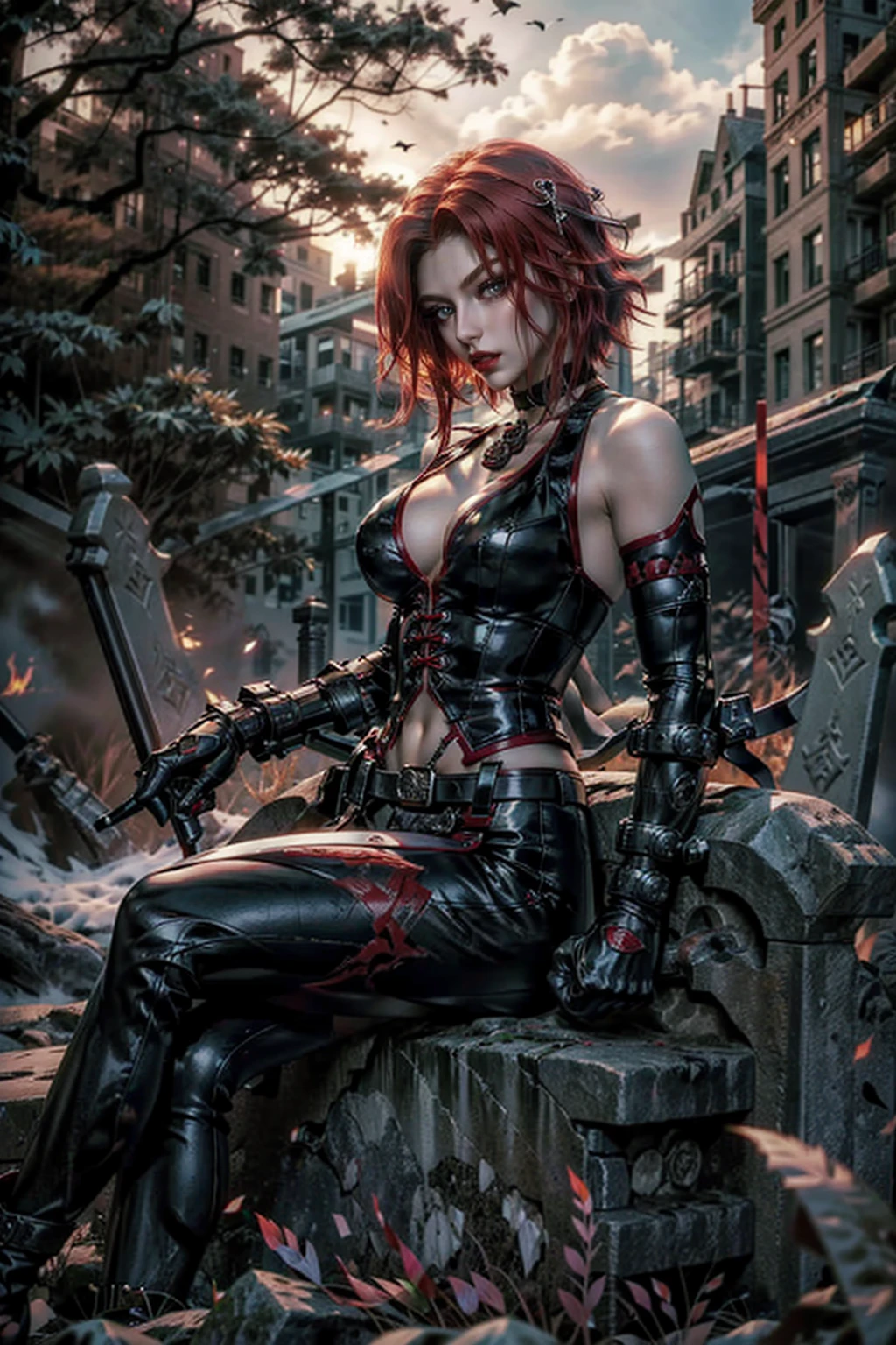 (masterpiece, best quality) BloodRayne, 1girl, red hair, gloves, solo, short hair, choker, elbow gloves, makeup, looking at viewer, lipstick, red lips, fingerless gloves, realistic, green eyes, belt, graveyard, sitting on tombstone, at night, dark, moonshine, angry face