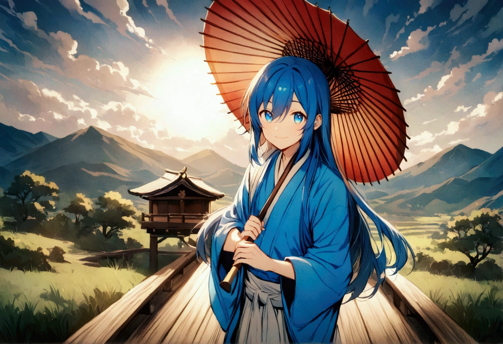 Blue kimono, medium-long hair, bright blue eyes,  anime boy ， standing on the ancient red Japanese-style wooden bridge holding a wooden umbrella and smiling evilly at the camera. Cloudy sky