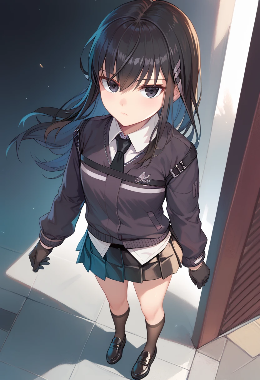 bangs, black gloves, black eyes, thighs, black hair, lucy-default, black hair ,long hair,hairclip, black blazer, leather skirt, black miniskirt, black tie, black pleated skirt, black stockings, black loafers, standing, view from above