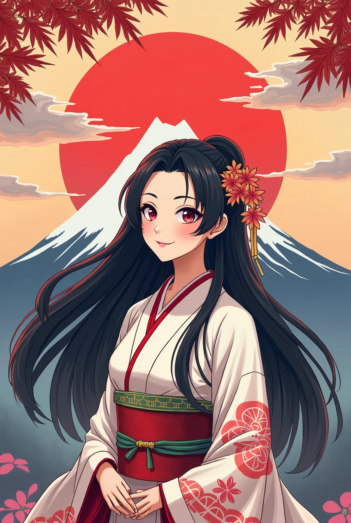 Japanese Mythology, 富士Mountain Goddess, Princess Konohana Sakuya ,  the supreme god of Japanese mountain worship, Mountain Goddess,  Best Anime Beauties, Long black hair, Mid-chest,  hair ornament, Mount Fuji dyed in a white kimono and a red collar at sunset, Cartoon Art, Osamu style of Tezuka,  best quality,  high definition , 8k, Anime/Manga, Sunset beauty, The background is Ukiyo-e painting style , Maple leaves in the upper corner of the area, colorful clouds,  colorful clouds, 