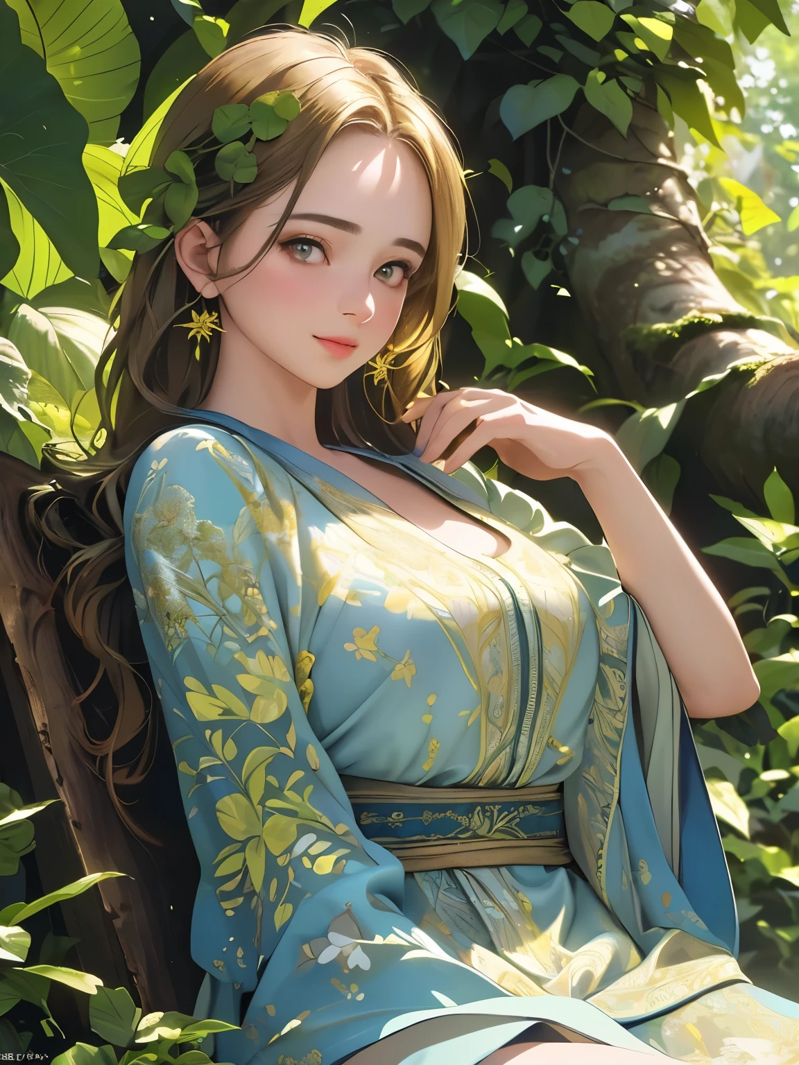 ((female beautiful hair)), dark background, (female slim eyes), smiling intimately, beautiful illustration for light novels, a beautiful detailed 1girl in a lush green garden, sunlight shining through the trees, stunning blue sky, (best quality,4k,8k,highres,masterpiece:1.2),ultra-detailed,(realistic,photorealistic,photo-realistic:1.37),highly detailed face and eyes,natural lighting,vivid colors,lush foliage,intricate details,serene landscape,golden hour lighting, (looking at viewer),