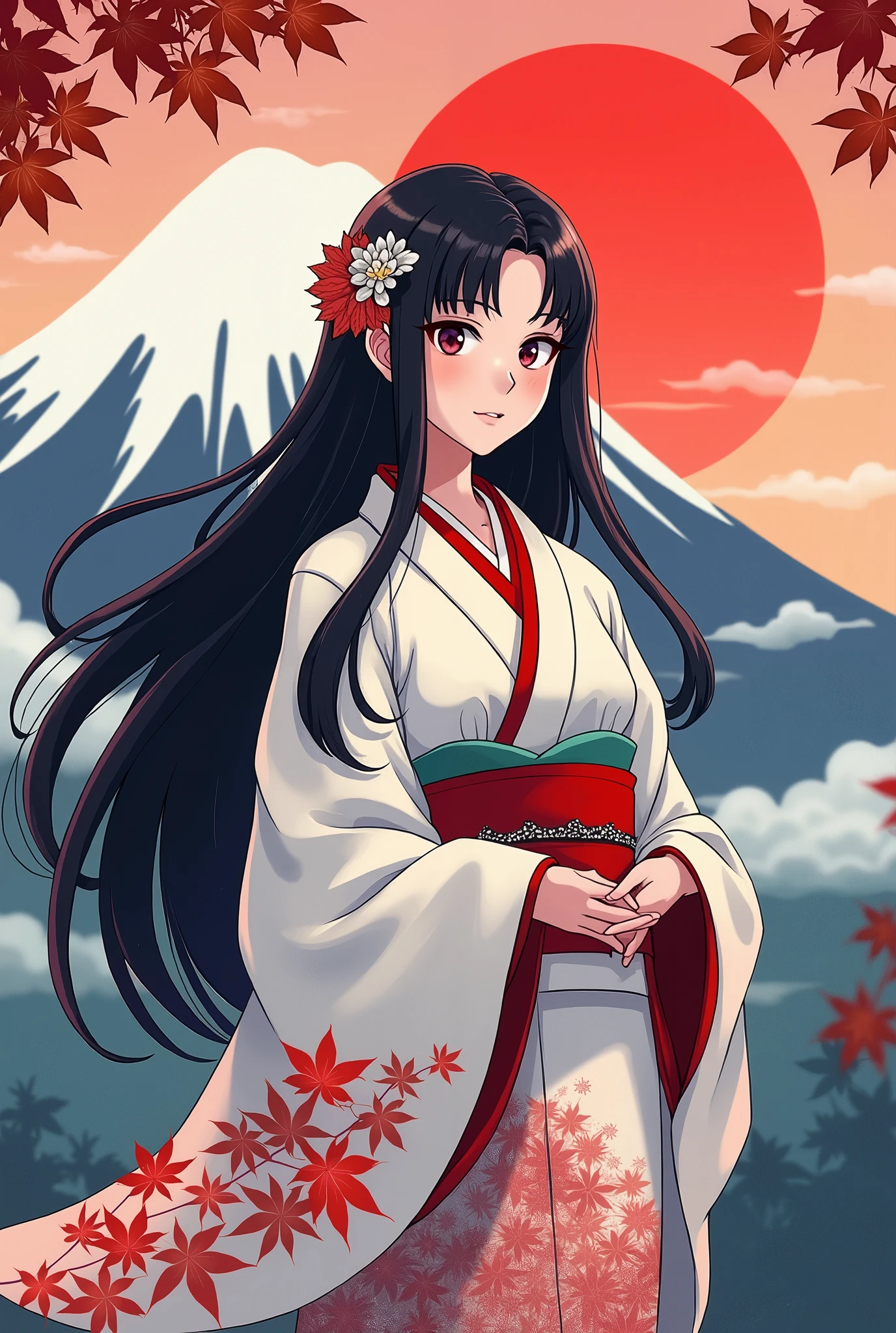 Japanese Mythology, 富士Mountain Goddess, Princess Konohana Sakuya ,  the supreme god of Japanese mountain worship, Mountain Goddess,  Best Anime Beauties, Long black hair, Mid-chest,  hair ornament, Mount Fuji dyed in a white kimono and a red collar at sunset, Cartoon Art, Osamu style of Tezuka,  best quality,  high definition , 8k, Anime/Manga, Sunset beauty, The background is Ukiyo-e painting style , Maple leaves in the upper corner of the area, colorful clouds,  colorful clouds, 