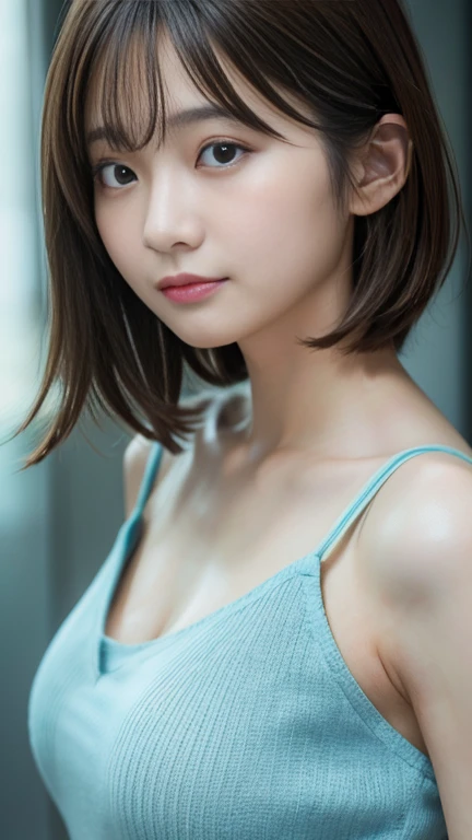 masterpiece,highest quality,1 Girl,delicでed face, bangs, just_arm, just_shoulder, green_eye, clavicle, (high resolution:1.48)、(17 years old:1.48)、(吸い込まれそうな大きいeye:1.48)