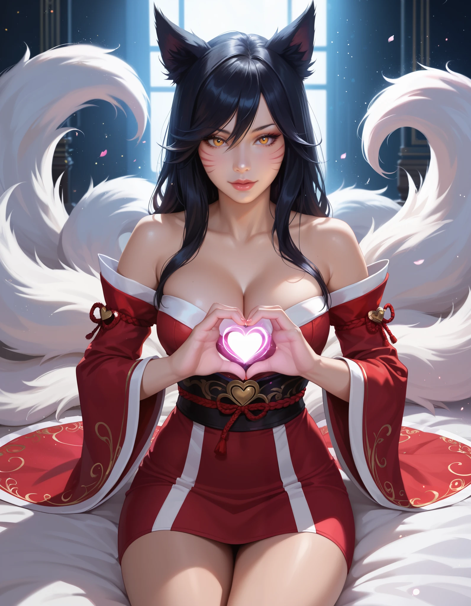 score_9, score_8_up, score_7_up, solo, ahri \(league of legends\),eye reflection,kiss,bare shoulders,cleavage,breasts,
heart_hands,cosplay,
seductive eyes,bedroom eyes,
1girl,solo,lying,outstretched hand,
animal ears,fox girl,fox tail,kitsune,kyuubi,
bare shoulders,off shoulder,
black hair,hair between eyes,
long sleeves,detached sleeves,
narrow waist,bare legs,
multiple tails,looking at viewer,
magic,magic particles,magic aura,magic ball,
bokeh,
realistic,absurdres,highres,
score_9,photography,dark shadows,High contrast,80mm lens,F2.8,ray tracing,