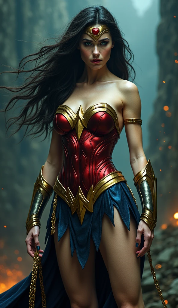 (((A beautiful woman with long black hair under the cloak of the Amazon warrior Wonder Woman Blue corset Wonder Woman pants in red leather on her knees screaming exhausted after an extensive battle blood around her Diaema Wonder Woman in silver metal silver color with a red star on her Diaema)))