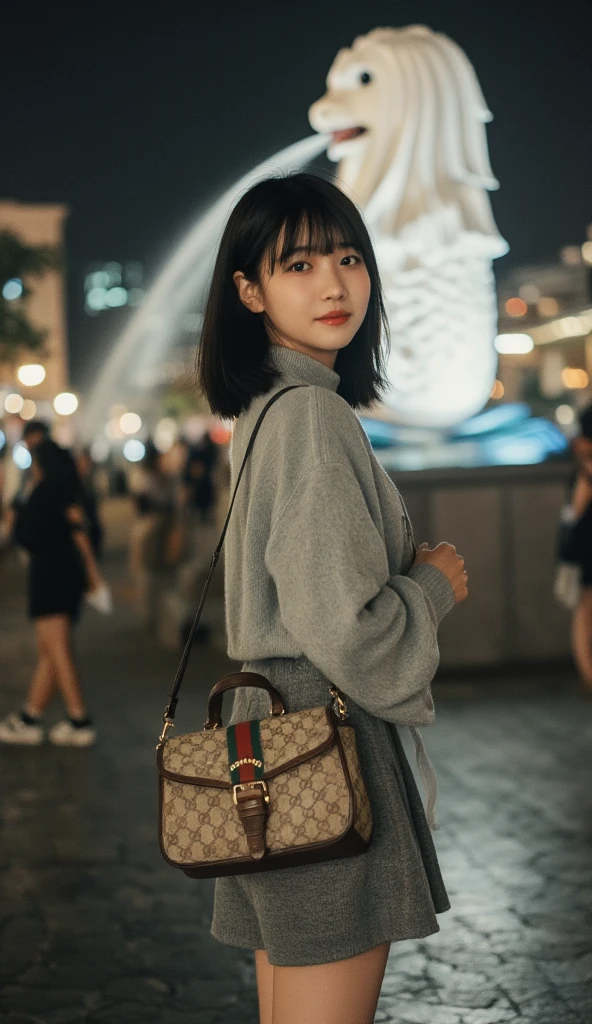  girl with short straight black hair, bangs, shot at eye level on a clear night day, wearing a gray sweater and a gray skirt. Shot at night, soft lighting. She stands, smiles and looks at the camera. She is carrying a Gucci bag. The background is the Merlion of Singapore. She puts her hand on the bag. The background is slightly blurred. The background is a lot of people and slightly blurred. Realistic 8k.