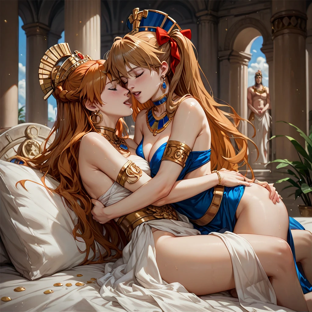 ( high quality , Very detailed, look at your hands )Zodiac sign - Gemini Goddess , Similar to Latin goodness , Twin Goddesses , Curious, Skillful, Humorous, attractive, Imaginative faces , Sometimes unrealistic, Restless, Nervous, Careless style ,  Light brown eyes , Light blonde hair ,((( Nude 1.6))) , See-through、in the windy sea  , whole body , Sexy Makeup ,(((kissing pose 1.5)))