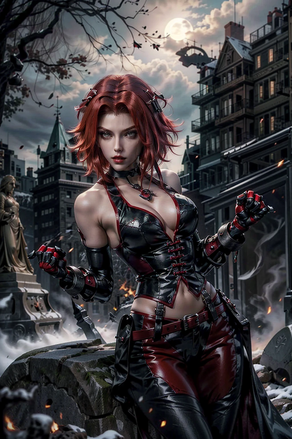 BloodRayne, short red hair, green eyes, gloves, choker, elbow gloves, makeup, red lipstick,corset,cleavage, pants, looking at viewer, serious, smiling, medium shot,
standing, holding a sword, katana, outside, neighborhood, night time, moon, sidewalk, autumn, high quality, masterpiece, <lora:BloodRayne:.7>