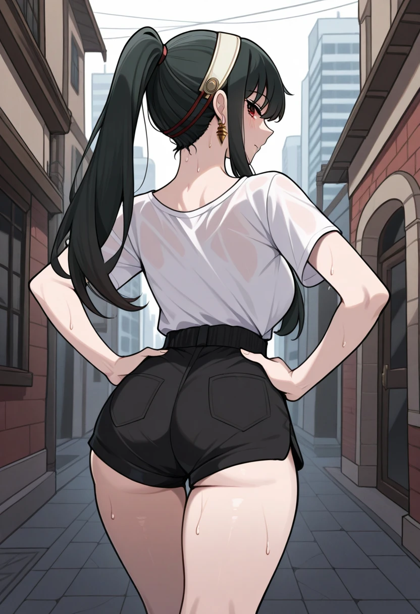  masterpiece ,  best quality , 1 , Alone, Yor Briar,  red eyes ,  black hair,  long hair, Sides,  ponytail,  white hair band , gold earrings, from behind, Sweat,  looking back ,  hands on their own hips, icelantoemiv2 , black pants, short shorts, in this,  outdoor,  city street