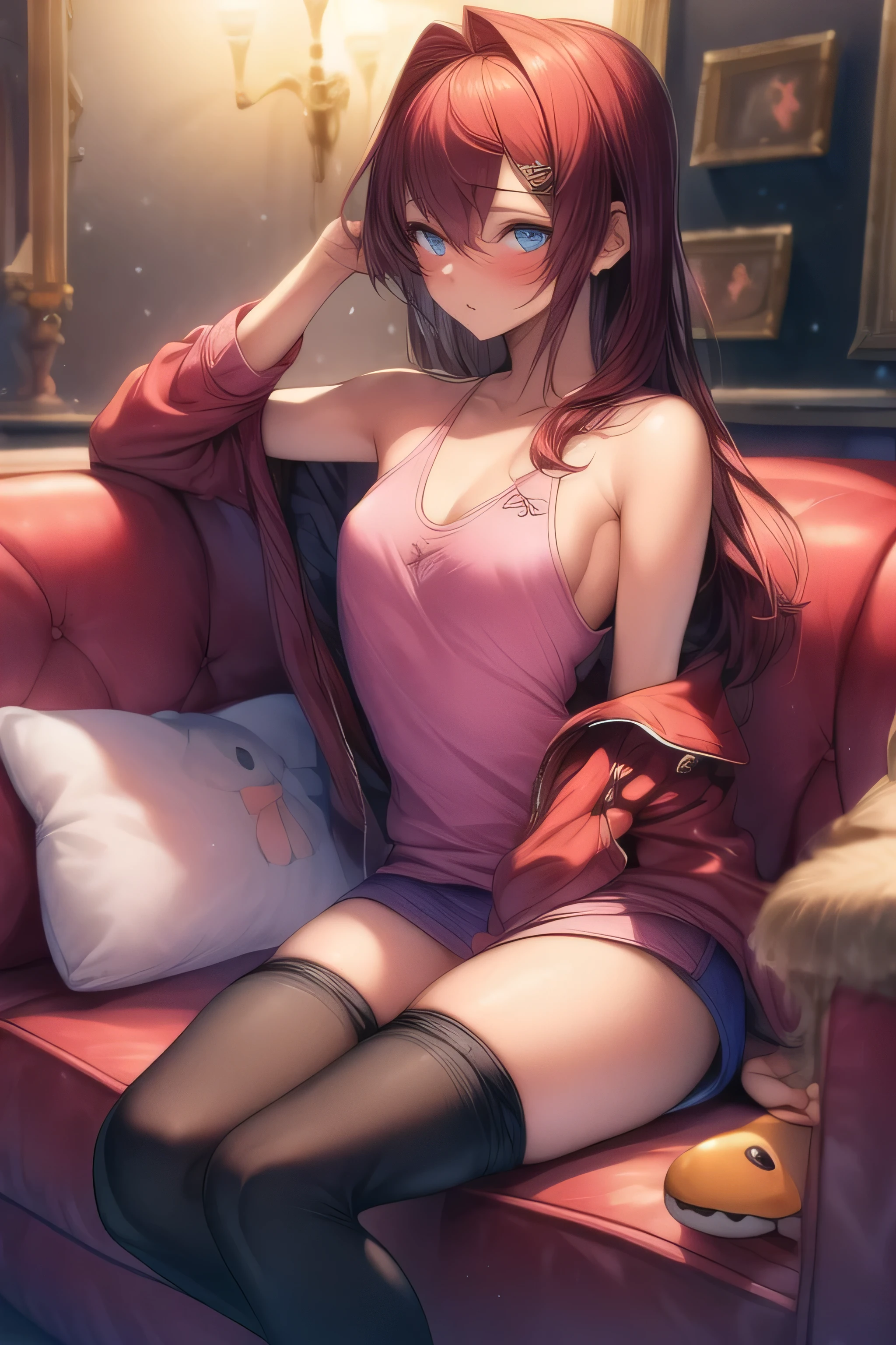 (( top quality)), ((masterpiece)), ( Details),masterpiece, 1 girl,Acup,  small tits, 18 years old, ,Melancholic, I'm going to look up, miniskirt, Winter clothes, Loungewear, Fluffy,   lean forward ,  pant stockings, Sitting beside me on the couch, close, Hold a stuffed dinosaur, 