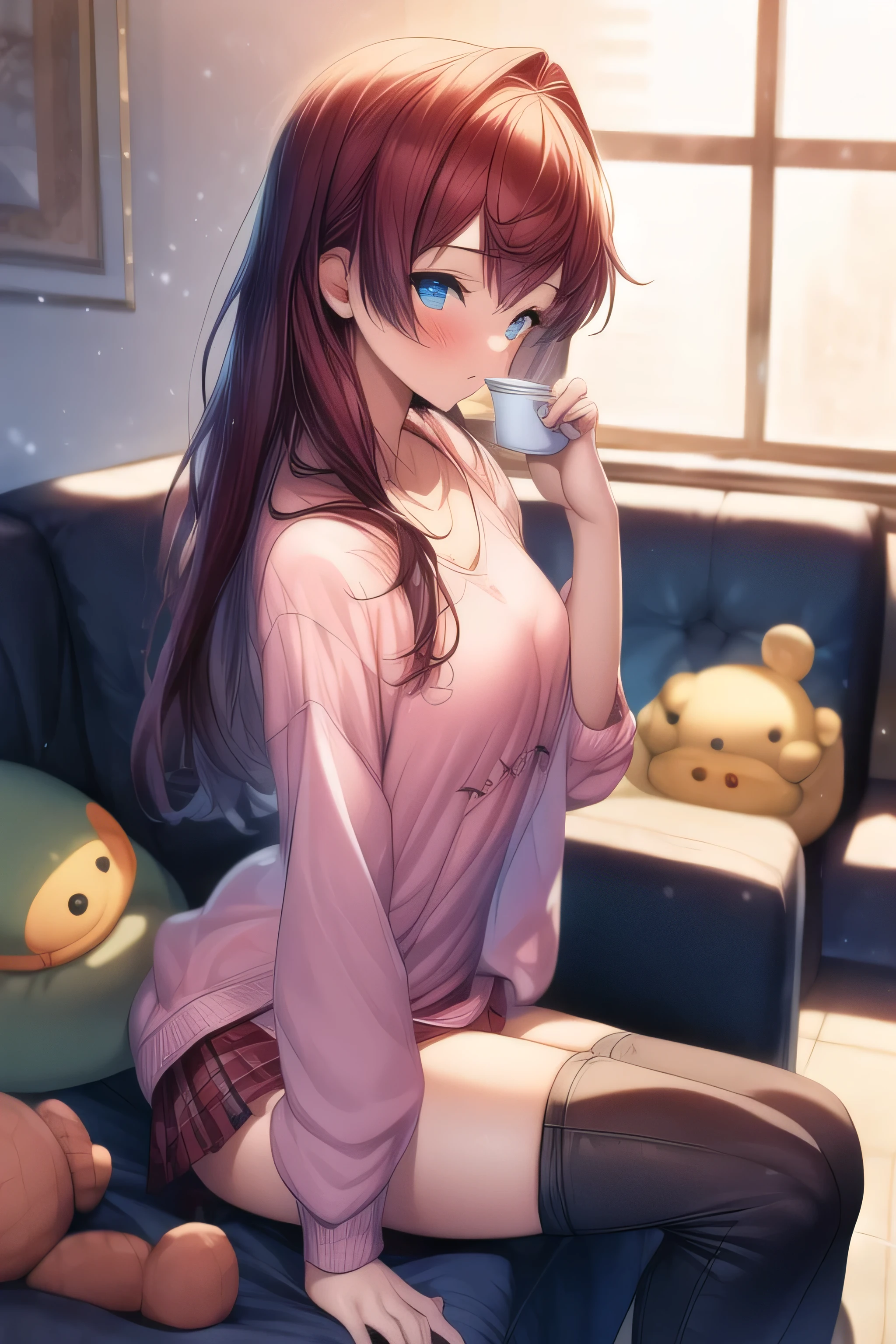 (( top quality)), ((masterpiece)), ( Details),masterpiece, 1 girl,Acup,  small tits, 18 years old, ,Melancholic, I'm going to look up, miniskirt, Winter clothes, Loungewear, Fluffy,   lean forward ,  pant stockings, Sitting beside me on the couch, close, Hold a stuffed dinosaur, 