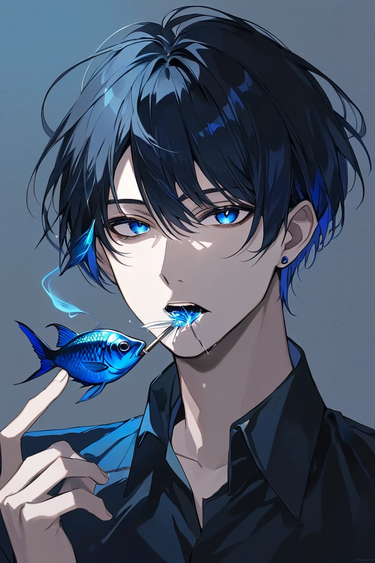 Black hair,Shining Blue Eyes ,Short cut,man,male, Cigarette Fish in the Mouth, high resolution, Dark Atmosphere 