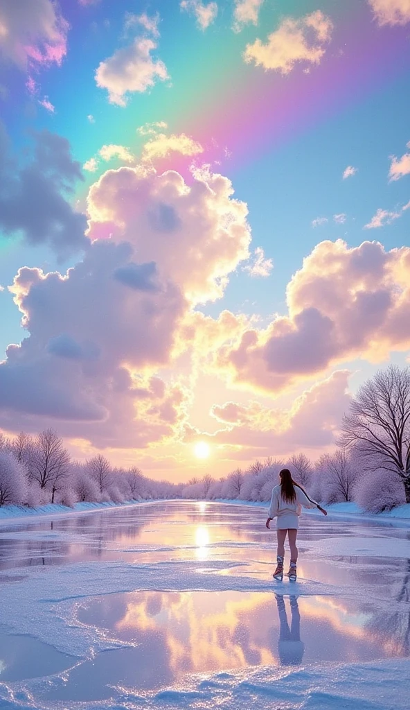  Clearly Defined Oil Painting Brushstrokes Winter Scenery.  General Planning ,  whole body :1.3, Frozen Lake,   Ice Skaters ,  ice skating ,   Raise One Leg When Dancing Pirouettes ,  Big rainbow clouds  , sunset,  Spectacular Scenery , Reincarnation ,  Polar Regions ,  Phoenix,  Big full moon, Charged Angels  