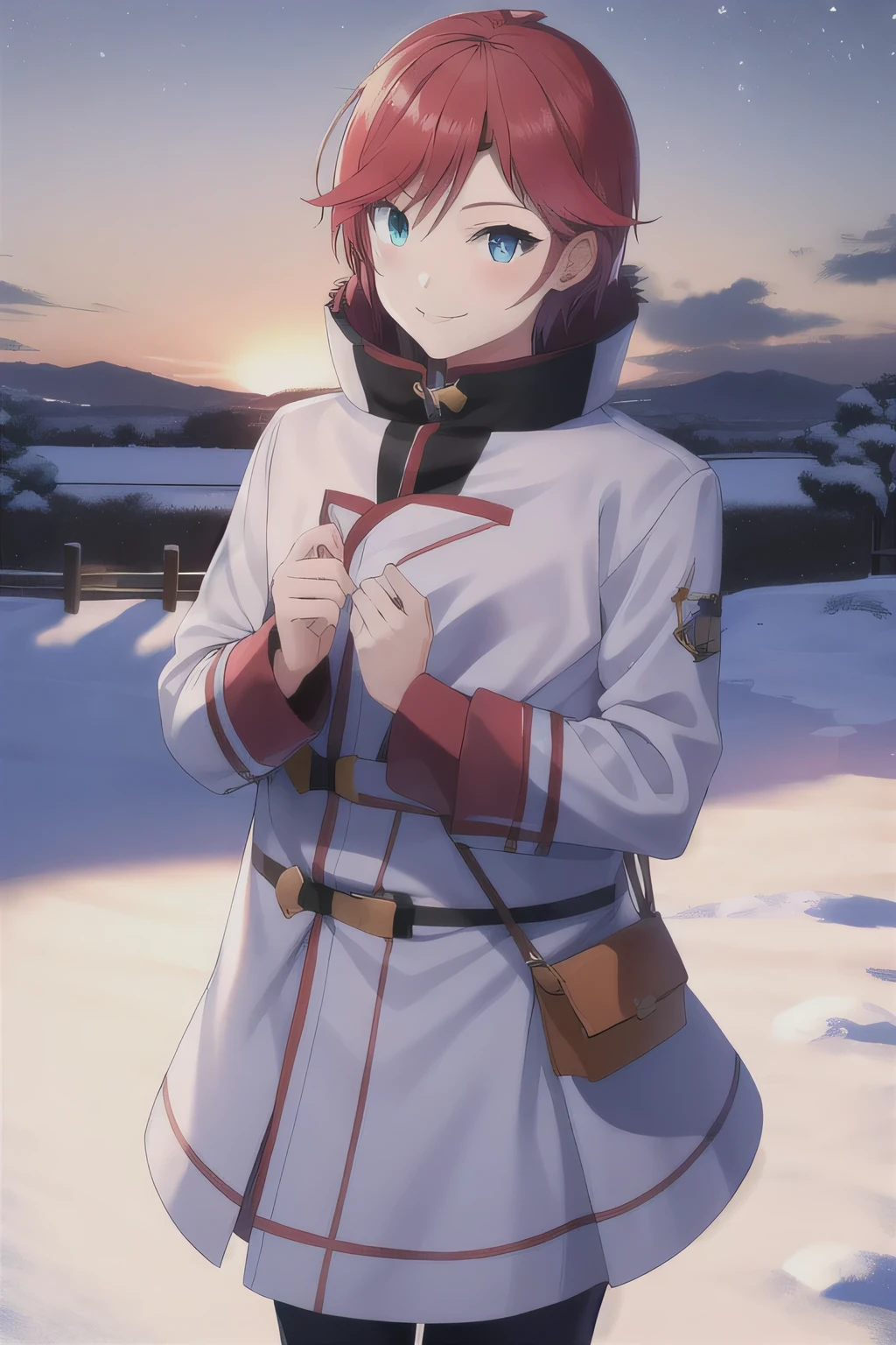 He carries a large, white sack filled with presents, the soft fabric of the bag hinting at its generous contents. The background is a serene park blanketed in snow, with the sky transitioning from a warm orange of sunset to the cool blue of night. Snowflakes gently fall, adding to the tranquil winter atmosphere. The girl’s bright and cheerful expression contrasts beautifully with the peaceful surroundings, evoking a sense of warmth and festive joy. Colorful fireworks are bursting into the sky. 赤い髪, 青い目, textured skin, ハンサム,