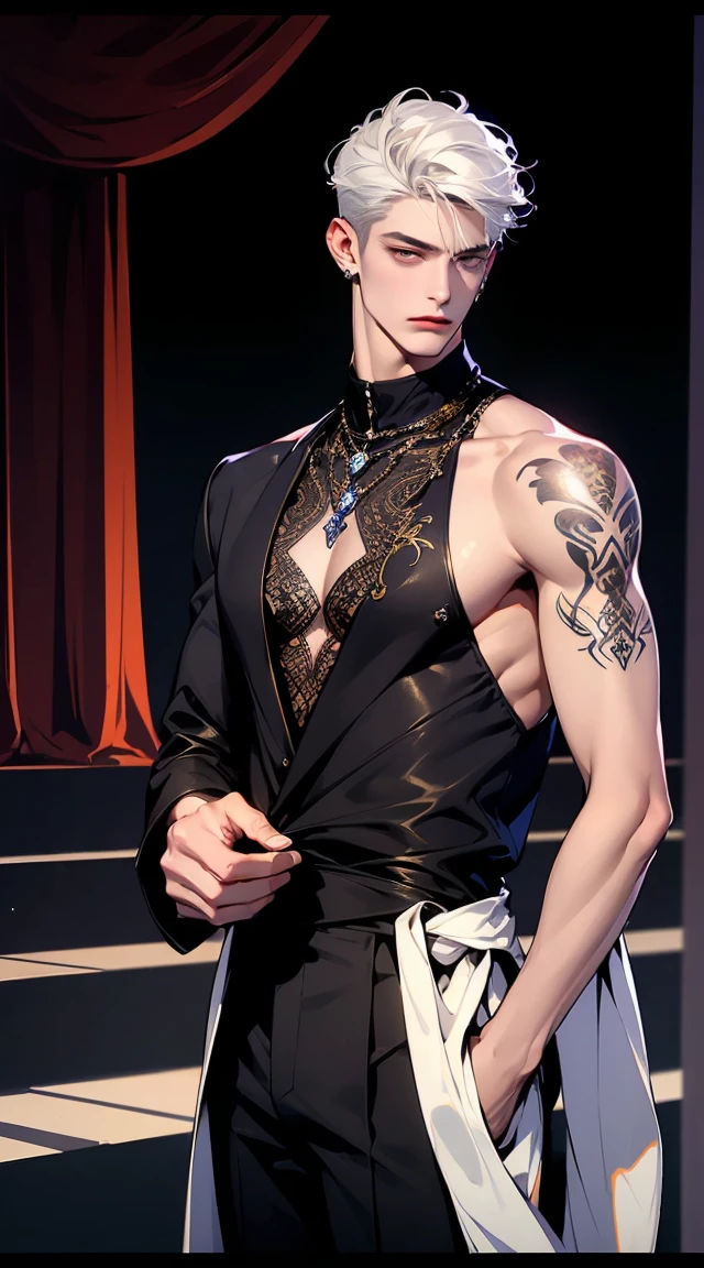 man, masculine, masculine face, attractive, muscular, ((1man)), masterpiece, absurdres, best quality ,intricate details , (shiny skin, shiny body, shiny oily luster skin, shiny hair, pale skintone), Sundown, attractive, ((muscular)), adult, one, tattoo in his chest ,black blouse, earrings, black pants, Don't look at the view , Not looking at the view, red short hair, perfect detailed face, perfect detailed hands, vampire, blue eyes, ((MLS)), medium large shoot