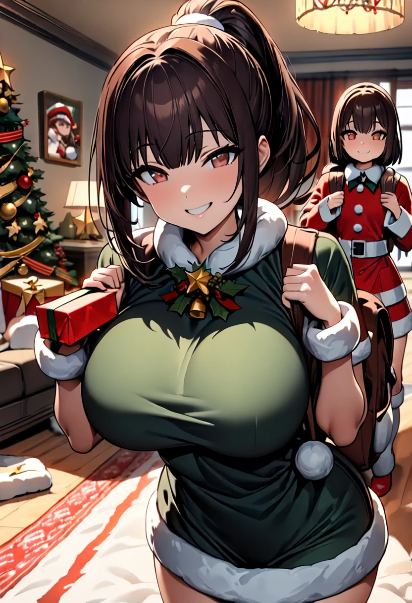 (  Masterpiece ,   top quality:1.2), One anime girl , (((Alone))),   Expressive Eyes ,  sexy, Santa girl costume, (((Dark-haired ponytail ))). ((( straight hair))), (smile), (((Reddish brown eyes))), ((( Perfect Face Girl Walking With Her Student Bag On Her Shoulder))), ((( holding a present with both hands))), Christmas decorations, (Big Breasts), 嬉しそうなsmile,  Living Room , kneeling