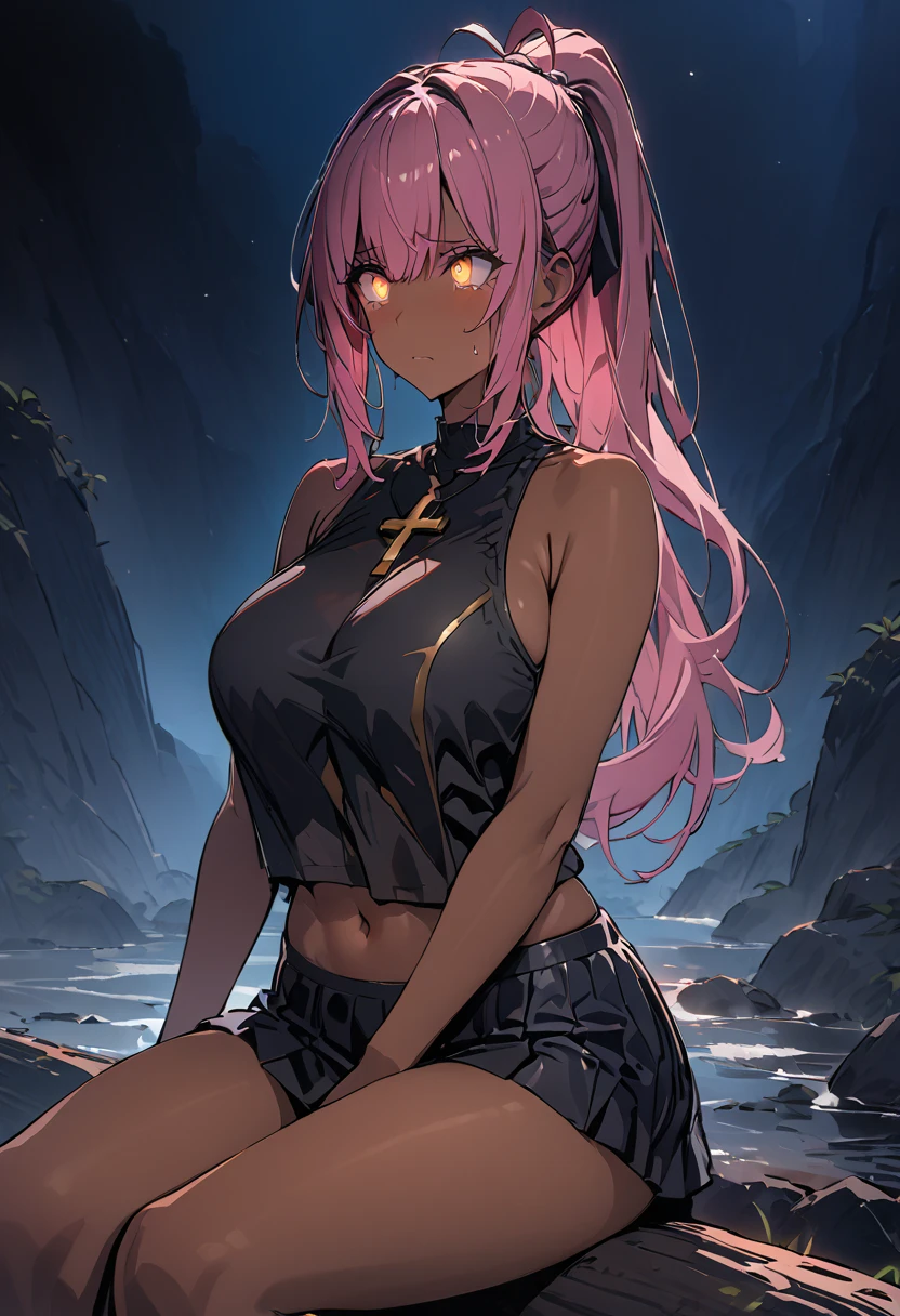 { - anatomy error} , ((Best Quality)), ((masterpiece)), (detailed), score_9,score_8_up,score_7_up,1 woman, pink hair, glowing gold eyes, ponytail, dark skin, sitting on a log, looking up, sad look, ((cowboy shot)), clothing: a black tanktop with a cross in the bust, black mini skirt, navel, sandals, the background is a night beach with the dark sky and stars