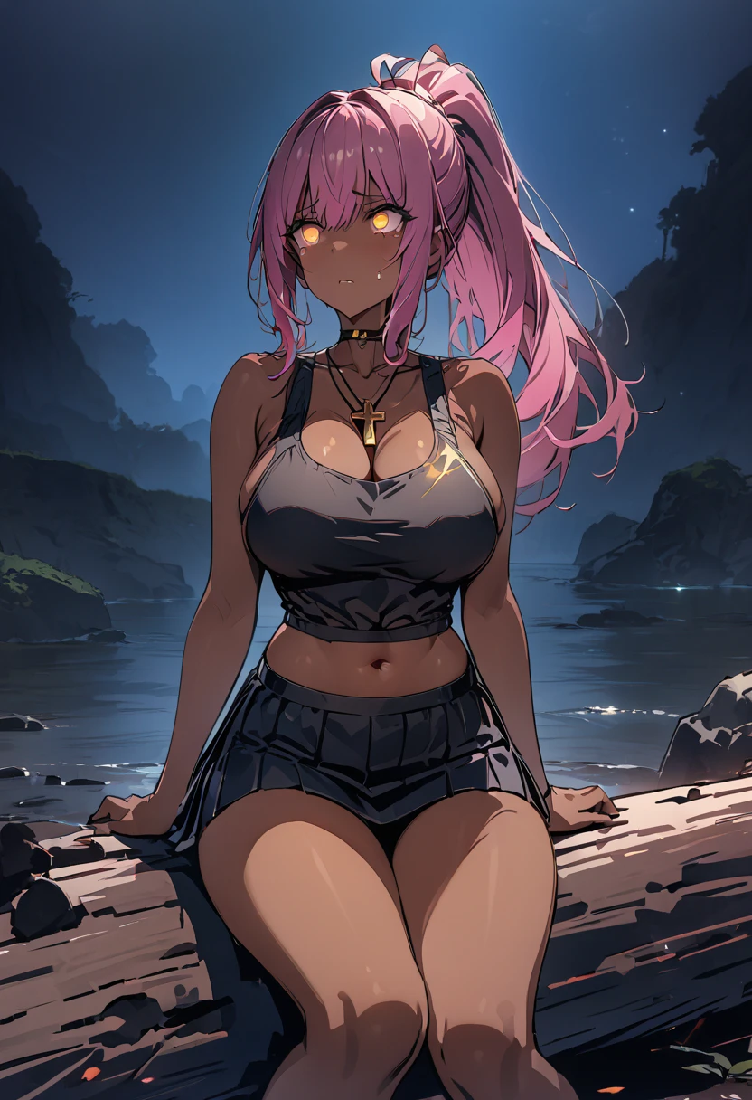 { - anatomy error} , ((Best Quality)), ((masterpiece)), (detailed), score_9,score_8_up,score_7_up,1 woman, pink hair, glowing gold eyes, ponytail, dark skin, sitting on a log, looking up, sad look, ((cowboy shot)), clothing: a black tanktop with a cross in the bust, black mini skirt, navel, sandals, the background is a night beach with the dark sky and stars