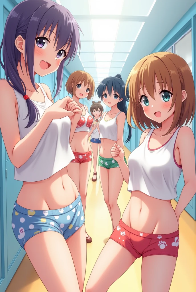 (superflat, flat shading, flat colors:1.2), (bedroom), 3girls, little kid, flat chest, blonde hair, white bra, (white panties), white overknee socks, blush, standing, (changing clothes:1.2), confused, (naked bottom), from behind, view from below, (low angle), bright sunlight, best shadows, vibrant colors, iwish