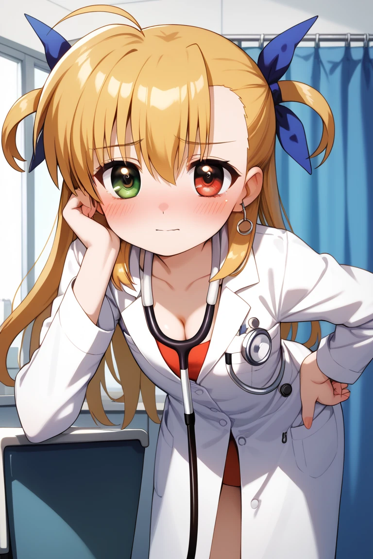 Vivio,long hair,blonde hair,ahoge,two side up,hair ribbon,heterochromia,grenn eyes,red eyes,flat chest,
((doctor,stethoscope,white longcoat,cleavage))
1girl,(is embarrassing,big blush,closed mouth,steam:1.0),
((leaning forward,hand on hip:1.2)),
(night hospital background:1.0),clothed