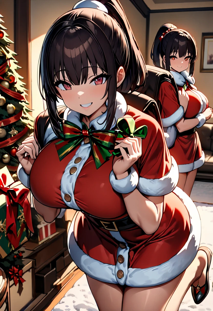 (  Masterpiece ,   top quality:1.2), (((One anime girl))) , (((Alone))),   Expressive Eyes ,  sexy, Santa girl costume, (((Dark-haired ponytail ))). ((( straight hair))), (smile), (((Reddish brown eyes))), ((( Perfect Face Girl Walking With Her Student Bag On Her Shoulder))), ((( holding a present with both hands))), Christmas decorations, (Big Breasts), 嬉しそうなsmile,  Living Room , kneeling