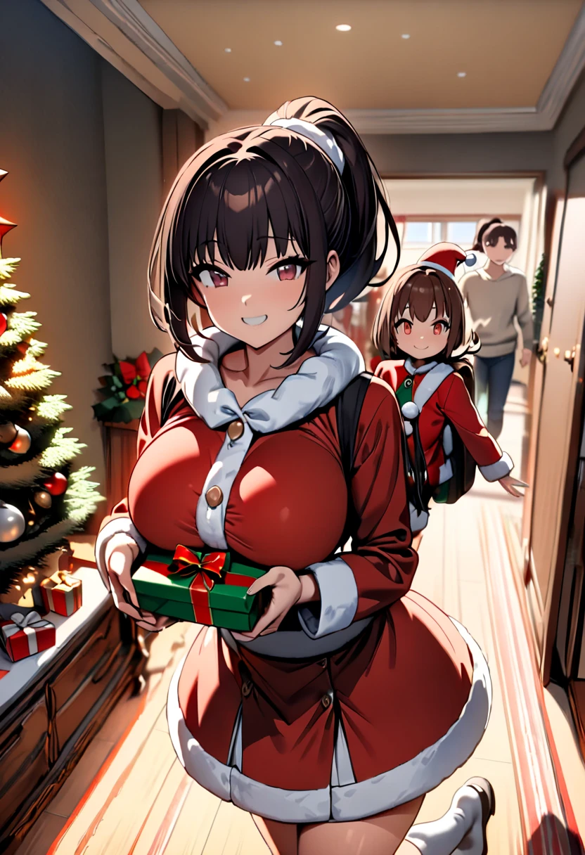 (  Masterpiece ,   top quality:1.2), (((One anime girl))) , (((Alone))),   Expressive Eyes ,  sexy, Santa girl costume, (((Dark-haired ponytail ))). ((( straight hair))), (smile), (((Reddish brown eyes))), ((( Perfect Face Girl Walking With Her Student Bag On Her Shoulder))), ((( holding a present with both hands))), Christmas decorations, (Big Breasts), 嬉しそうなsmile,  Living Room , kneeling