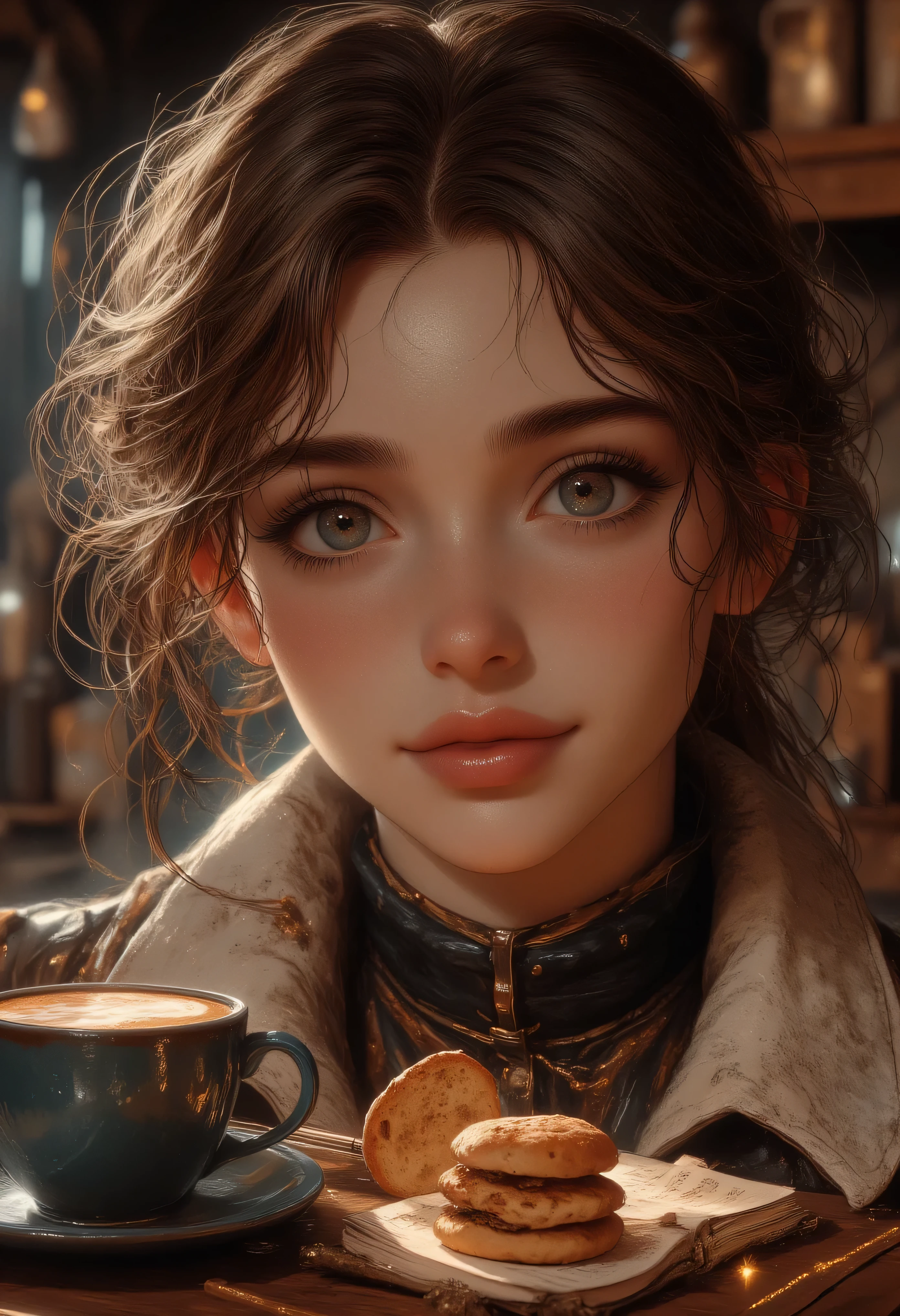 A beautiful woman with beautiful eyes :1.2, detailed eyes , beautiful full lips , highly detailed eyes and faces, Long eyelashes, cute expression, smile, session:1.4, with a cup of hot latte , home background , , chimney, warm light, lighting and detailed shadows , anime style , 8K, Hi-Nothing, Masterpiece:1.4, bright colors,