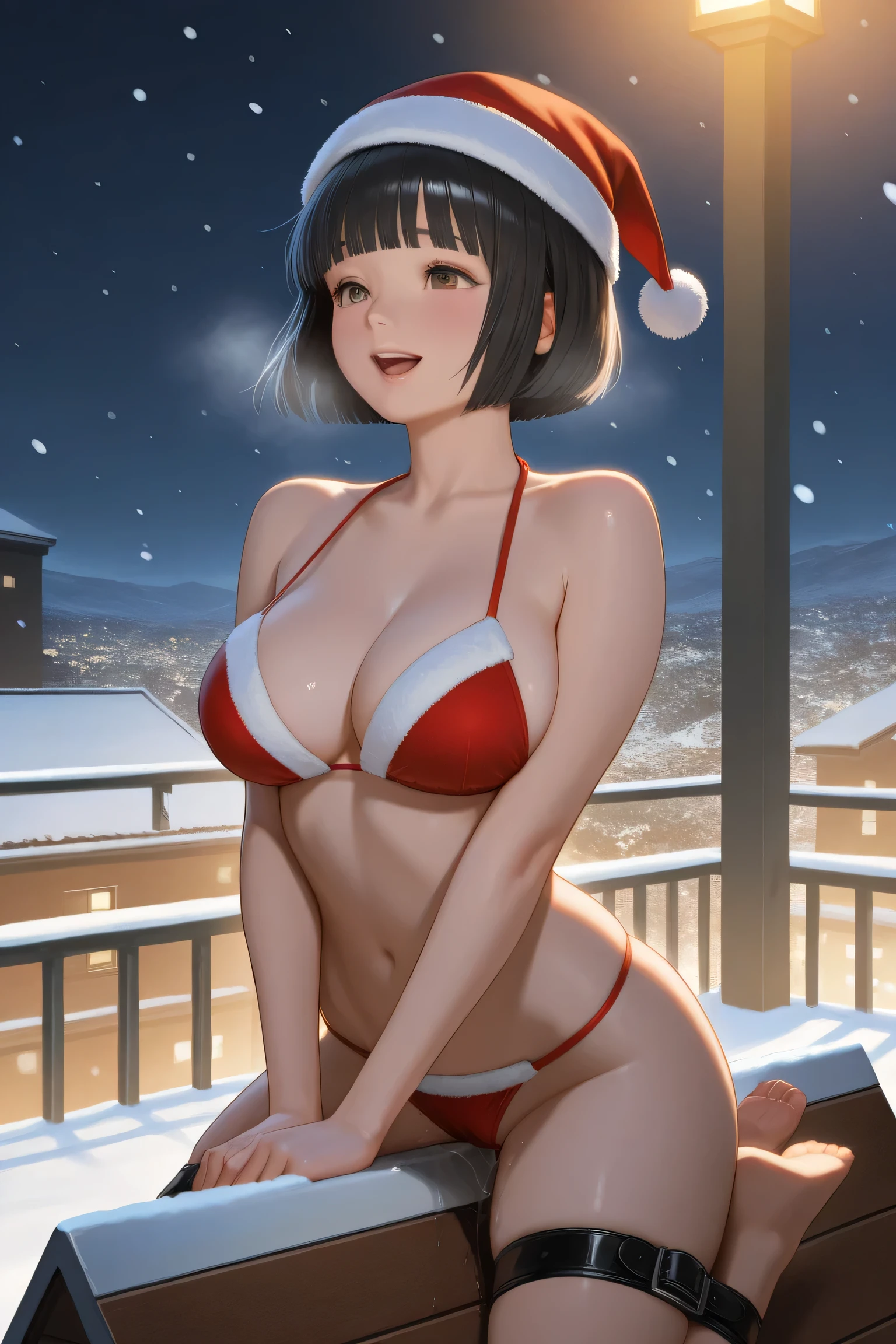 (masterpiece:1.3), live wallpaper, top-quality, Beautifully Aesthetic:1.2, ((1 girl)), solo, (black brown Hair, Straight hair, short hair), detailed face, detailed eyes, detailed ears, detailed lips, ((eye-glasses)), (perfect body (firm breast, nicely shaped breasts, soft pink nipples, open vagina, slender figure)), (arms touching breasts), ((female masturbation)), (nude, lewd, topless), (lower body shot, vaginal shot, open legs:1.1), (From front:1.3), (Looking at viewer, horny, smiling), (elegant stylish contraposto pose:1.2), (sitting on the modern street at Christmas night with snow:1.3), christmas night, christmas tree, christmas gifts, snow, ((At the middle of christmas celebration decorated for christmas :1.2)), intricate background, ultra realistic background