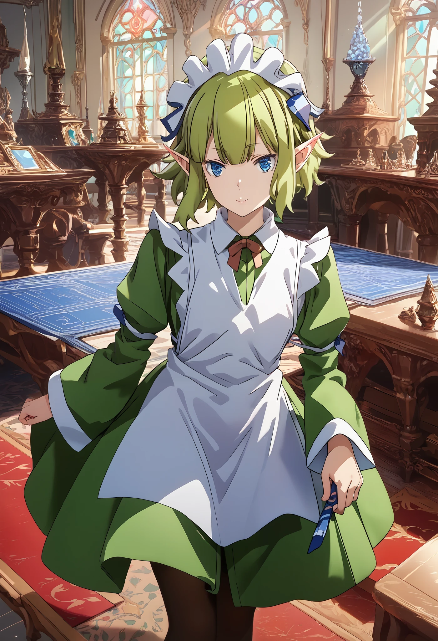 Danmachi，(((Liu Liong)))，naked，Elf， green hair，Green Dress，Maid， black pantyhose ， Long Sleeve ，red neck ribbon， blue eyes， pointed ears， standing with different breasts ，( slender )，(masterpiece), ( top quality),   1 girl,   heterosexual lover， high definition ， very aesthetic， glossy skin， style，Beautiful eyes，8K resolution，excited，anime，smile，