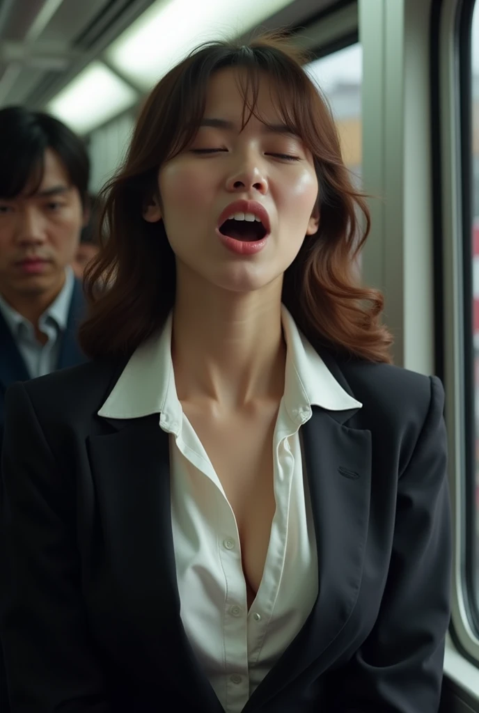 (A middle-aged Japanese woman wearing a white suit and holding a microphone is being held by three middle-aged men wearing suits.), (Neck Solidification),Woman putting her legs on man's shoulders,Woman holding man's head with her hand,A man holding a woman from behind,A man's fingers clinging to a bare thigh,(photo Realistic:1.4), (hyper Realistic:1.4), (Realistic:1.3), (Smoother lighting:1.05), (Improve cinematic lighting quality:0.9), 32K, 40-year-old Japanese woman, Realistic lighting, Backlight, Light on the face, Ray tracing, (Bright light:1.2), (Improvement of quality:1.4), (Highest quality realistic textured skin:1.4), Detailed drawn eyes, Detailed painted face, Quality eyes, (Tired, sleepy and satisfied:0.0), (Enhance the mood of your body line:1.1), (Enhances the beauty of skin texture:1.1)