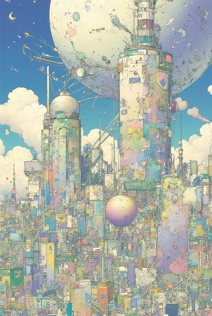 A highly detailed illustration of a futuristic city, complex texture, intricate artwork, ultra detailed,angelic atomosphere, glietter particles, flat anime, 