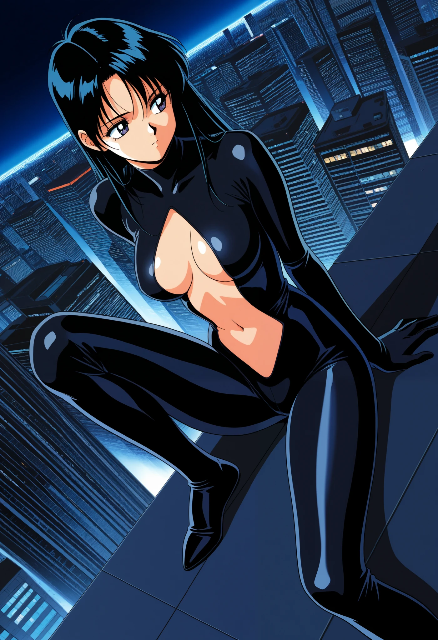 masterpiece, best quality, amazing quality, 1990s (style), 1girl, black body suit, stomach cutout, city, looking to the side, one on knee, dutch angle, from above