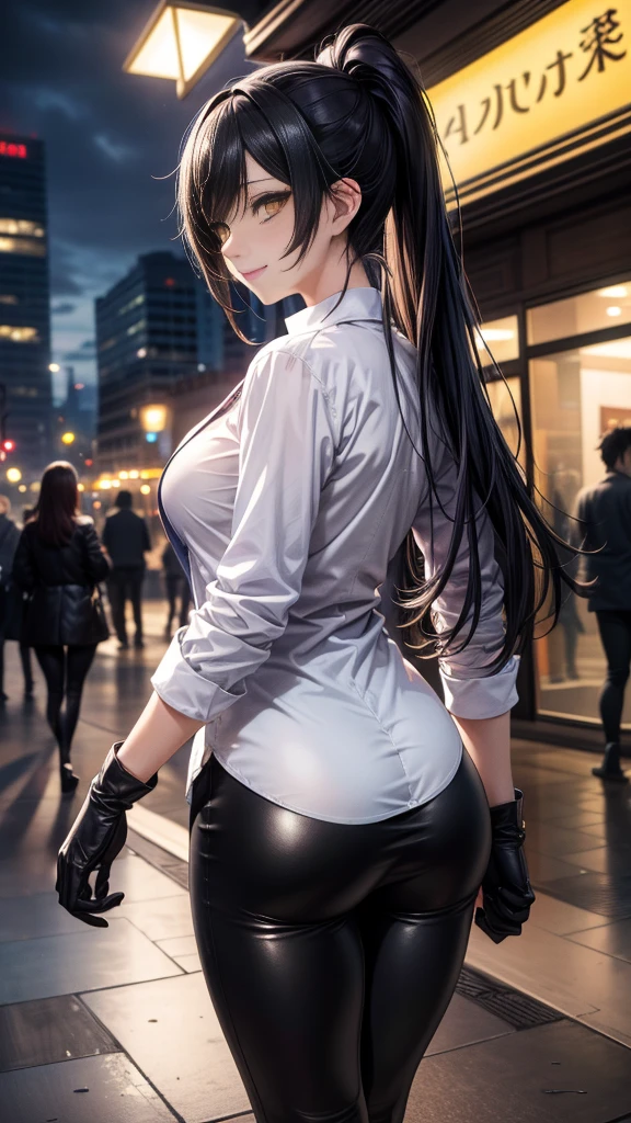 (Yaedef :1.4), 8K, highres,  ultra detailed , ( Masterpiece:1.4),  Best Quality , Sakuya Shirase, symmetrical body, beautiful, Alone, standing,  dynamic pose ,  seen from behind , culo perfecto,  looking at the spectator , Tender smile, long ponytail black hair,  detailed face ,  looking at the spectator ,,  beautiful eyes, amber yellow eyes, ( white collar shirt :1.4),  long black gloves , ( shiny black leggings),  black leather boots , parque  at night, angled view,  perfect breasts ,  badass anime girl , bright clothes,  at night