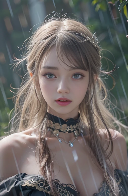 druid girl, magical forest, cleavage, leather dress, detailed face