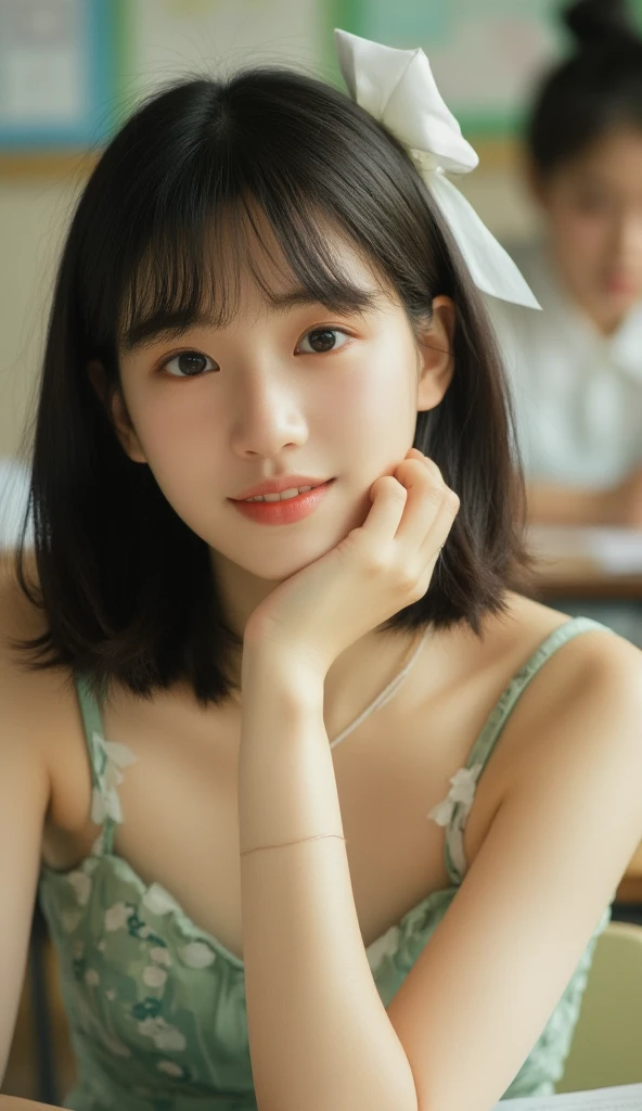 A 15-year-old girl with short black hair, bangs, a white bow on her hair, smiling and wearing a green strapless dress, sits at a desk. She smiles gently and puts a hand on her chin as she looks directly at the camera. The camera focuses clearly on her face. The soft and warm light creates a relaxed and inviting atmosphere. The background is a desk, adding a casual elegance to the classroom atmosphere.