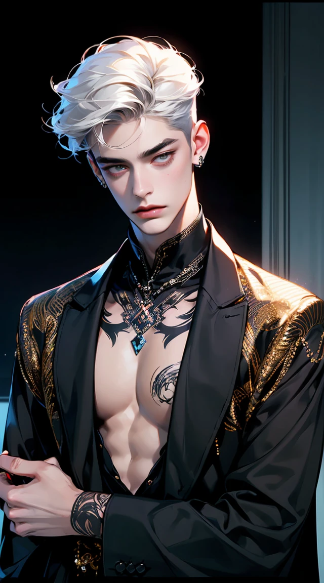 Cyberpunk male, fantasy world, dark background, clean design, epic instagram, artstation, colorful paint splatter, silhouette, hyper detailed intricate details, unreal engine, fantasy, intricate details, splash screen, complementary colors, Fantasy concept art, 8k resolution, deviantart masterpiece, oil painting, heavy strokes, paint dripping, (isolated on white background: 1.3), rainbow skin, (((handsome young man))), ((teenage:1.5) ), (glowing blue eyes), ((light eyes)), ((((short white hair: 1.1))), ((black clothes)), (prince\\(indifferent expression\\),, ( ((Wears high detail luxurious black robe))), white hair, (chest) --v 6